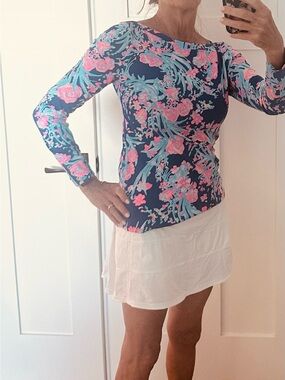 Lilly Pulitzer Blue Long-Sleeve Top with Pink Floral Print